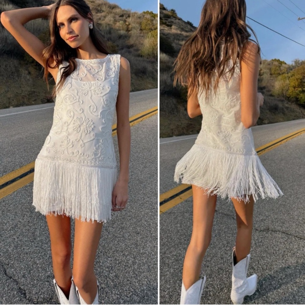 NEW (NWOT) Show Me Your Mumu Cyrus Mini Appliqué Embroidered Dress, White Fringe
